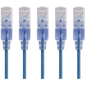 Monoprice 5-Pack, SlimRun Cat6A Ethernet Network Patch Cable, 1ft Blue - 1 ft Category 6a Network Cable for Network Device, PC, Computer, Server, Printer, Router, Network Media Player, VoIP Device, PoE-enabled Device, Network Device - First End: 1 x RJ-45