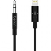 Belkin 3.5 mm Audio Cable With Lightning Connector - 3 ft Lightning/Mini-phone Audio/Data Transfer Cable for Audio Device, Speaker, iPhone - First End: 1 x Lightning Male Proprietary Connector - Second End: 1 x 3.5mm Male Stereo Audio - MFI - Black AV1017