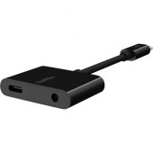 Belkin RockStar 3.5mm Audio + USB-C Charge Adapter - Mini-phone/USB Audio Cable for Audio Device, Smartphone, Charger - First End: 1 x Type C Male USB - Second End: 1 x Type C Female USB, Second End: 1 x Mini-phone Female Audio - Black F7U080BTBLK