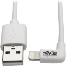 Tripp Lite Lightning to USB Sync Charge Cable Right-Angle for iPhones iPads Apple White 3ft 3&#39;&#39; - Lightning/USB for iPod, iPad, iPhone, Wall Charger - 60 MB/s - 3 ft - 1 x Type A Male USB - 1 x Lightning Male Proprietary Connector - MFI - 