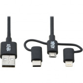 Tripp Lite USB-A to Lightning, USB Micro-B and USB-C Sync/Charge Cable, Black, 6 ft. - 6 ft Lightning/Micro-USB/USB/USB-C Data Transfer Cable for Computer, Notebook, Wall Charger, Mobile Device, Smartphone, Tablet, Charger, iPhone, iPad, iPod touch, Digit