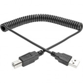 Tripp Lite 6ft Hi-Speed USB 2.0 to USB B Cable Coiled USB A-B M/M 6&#39;&#39; - USB for Scanner, Notebook, Printer - 60 MB/s - 6 ft - 1 x Type A Male USB - 1 x Type B Male USB - Nickel Plated - Shielding - Black U022-006-COIL