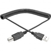 Tripp Lite 10ft Hi-Speed USB 2.0 to USB B Cable Coiled USB A-B M/M 10&#39;&#39; - USB for Scanner, Notebook - 60 MB/s - 10 ft - 1 x Type A Male USB - 1 x Type B Male USB - Nickel Plated - Shielding - Black U022-010-COIL