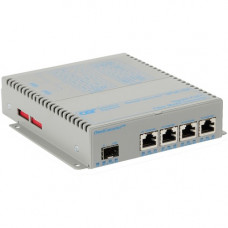 Omnitron Systems OmniConverter Unmanaged Gigabit PoE+, SFP, RJ-45, Ethernet Fiber Switch - 4 x 10/100/1000BASE-T, 1 x 1000BASE-X, DC Power, 5 Year Warranty 9459-0-14-9W