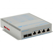 Omnitron Systems OmniConverter Unmanaged Gigabit PoE+, 2xSFP, RJ-45, Ethernet Fiber Switch - 4 x 10/100/1000BASE-T, 2 x 1000BASE-X, DC Power, 5 Year Warranty 9459-0-24-9