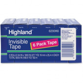 3m Scotch Highland Matte-finish Invisible Tape - 0.75" Width x 83.33 ft Length - 1" Core - Acrylic - Polypropylene Backing - Writable Surface - 6 / Pack - Clear - TAA Compliance 6200K6