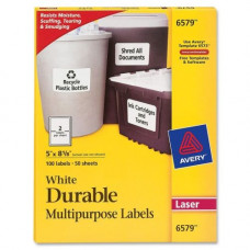 Avery &reg; Permanent Durable ID Labels, TrueBlock(R), 5" x 8-1/8", Matte White, 100 Labels (6579) - Permanent Adhesive - 5" Width x 8 1/8" Length - Rectangle - Laser - White - Polyester - 2 / Sheet - 100 / Pack - TAA Compliance 65