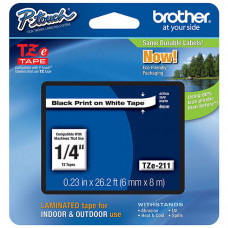 Brother 6mm (1/4") Black on White Laminated Tape (8m/26.2') (1/Pkg) - TAA Compliance TZE211