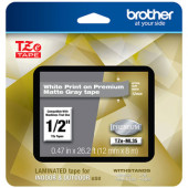 Brother P-Touch GL-100 PT-1000 1010 1090 1100 1190 1200 1230PC 1280 128AF 1290 1400 1500PC 1700 White Print on Premium Matte Gray Laminated Tape (12mm (0.47") Wide x 8m (26.2') Long) - TAA Compliance TZEML35