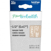 Brother P-touch Embellish White on Craft Washi Tape 12mm (~1/2") x 4m - 15/32" Width x 13 1/8 ft Length - Rectangle - White on Craft - 1 TZEMT3505